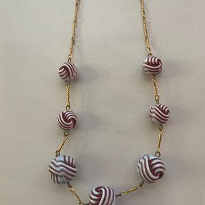 Vintage Red and White Ball Necklace on Gold Chain